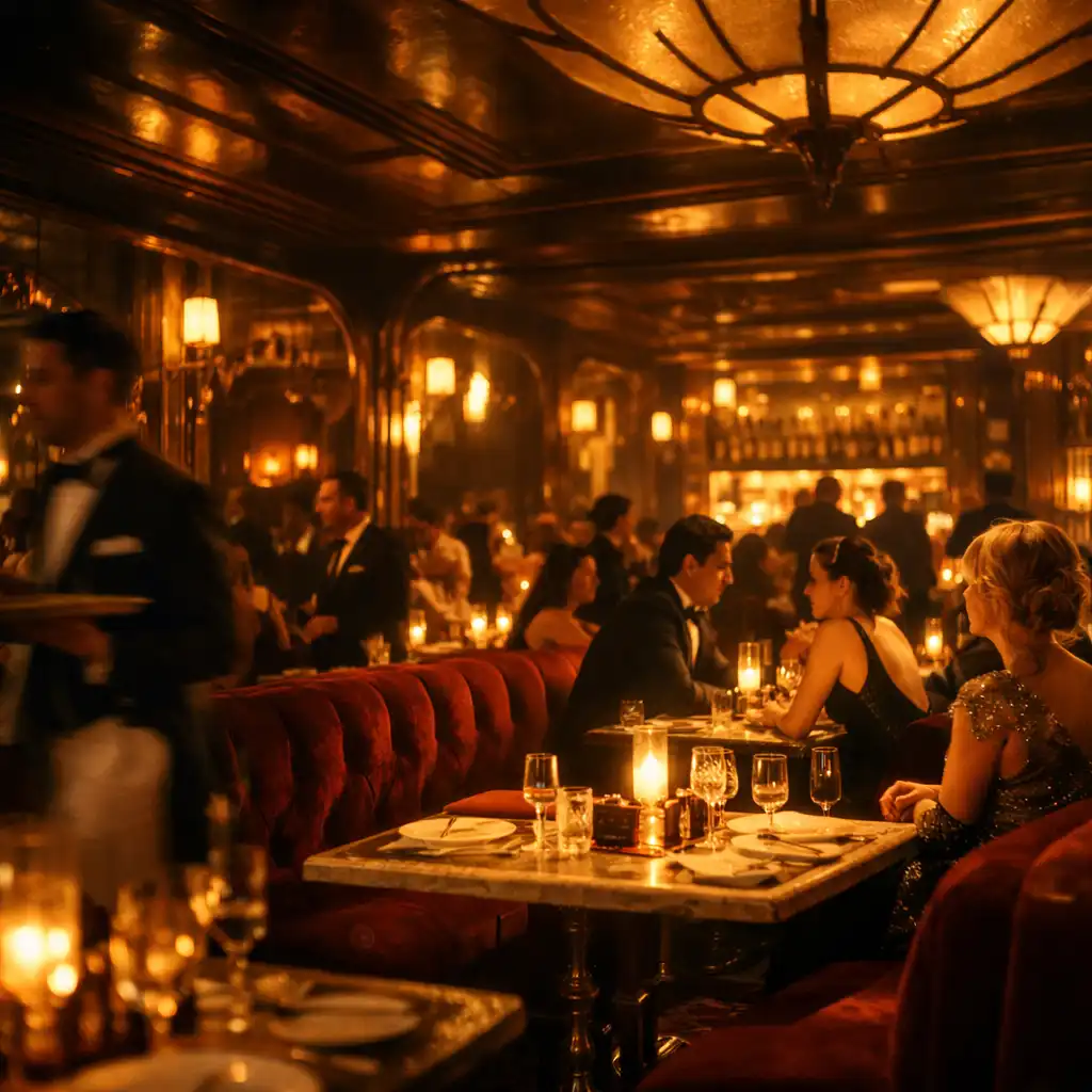 Ambiance nocturne élégante du restaurant Palmares