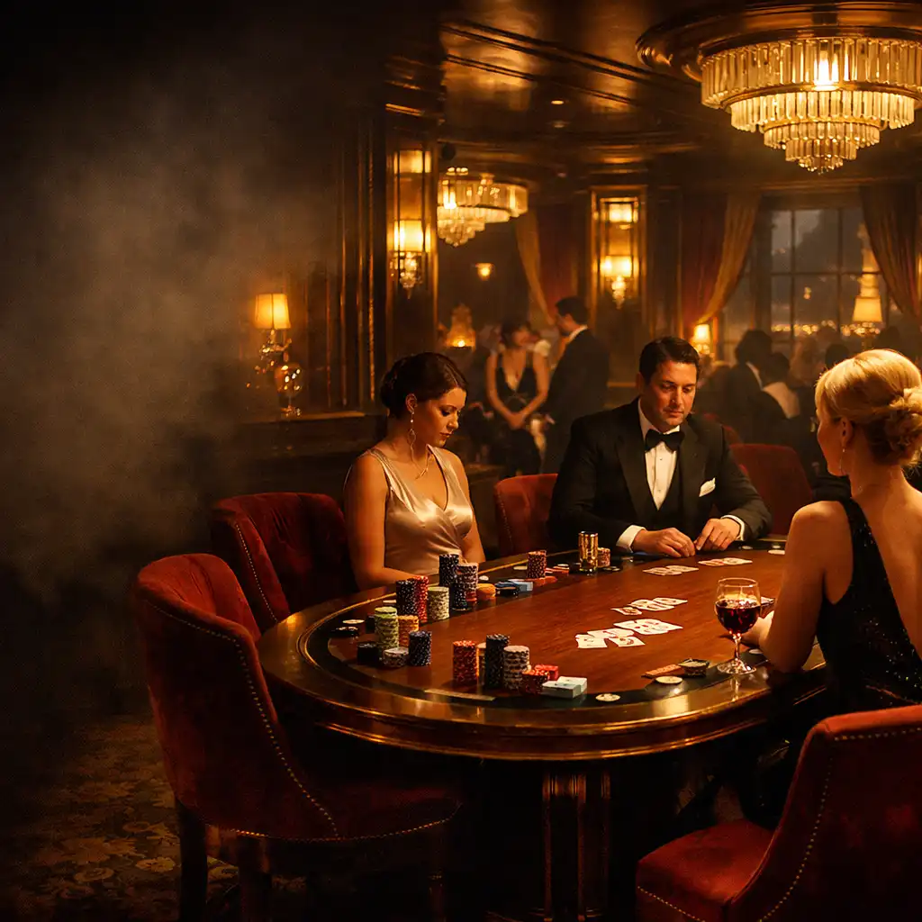 Salon poker élégant avec lumière tamisée et ambiance feutrée